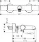 Thermostatarmatur von AXOR mit gerader Form, zwei Rändern, seitlichem Anschluss und digitaler Anzeige. Maße und weitere Details sind im technischen Zeichnungsstil dargestellt.